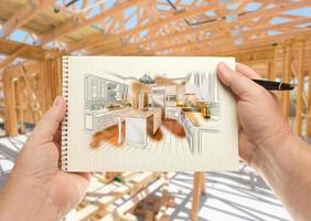 Male Hands Holding Pen and Pad of Paper with Custom Kitchen Illustration Inside Construction Framing. photo