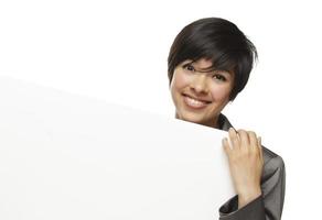 Mixed Race Young Adult Female Holding Blank White Sign photo