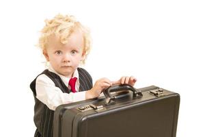 Boy in Vest Suit and Tie with Briefcase On White photo