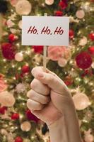 Hand Holding Ho Ho Ho Card In Front of Decorated Christmas Tree. photo