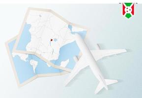 Travel to Burundi, top view airplane with map and flag of Burundi. vector