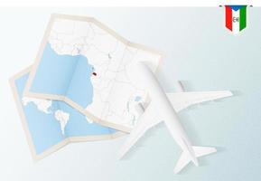 Travel to Equatorial Guinea, top view airplane with map and flag of Equatorial Guinea. vector