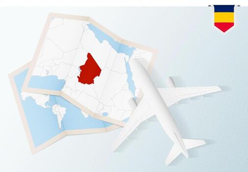 Travel to Chad, top view airplane with map and flag of Chad. vector