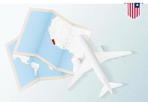 Travel to Liberia, top view airplane with map and flag of Liberia. vector