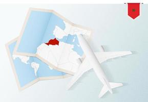 Travel to Morocco, top view airplane with map and flag of Morocco. vector