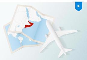 viaje a somalia, avión de vista superior con mapa y bandera de somalia. vector