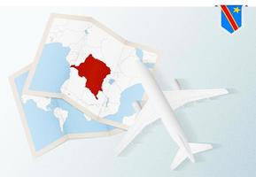 Travel to DR Congo, top view airplane with map and flag of DR Congo. vector