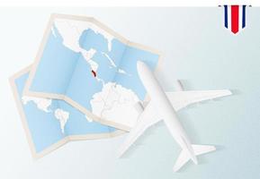 Travel to Costa Rica, top view airplane with map and flag of Costa Rica. vector