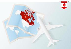 Travel to Canada, top view airplane with map and flag of Canada. vector