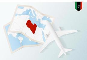 Travel to Libya, top view airplane with map and flag of Libya. vector