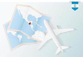 Travel to Guatemala, top view airplane with map and flag of Guatemala. vector