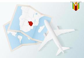 Travel to Zimbabwe, top view airplane with map and flag of Zimbabwe. vector