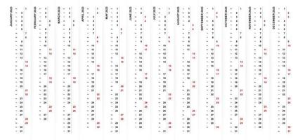 2023 vertical calendar design, Saturday and Sunday selected in different color and row. vector