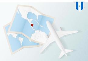 Travel to Nicaragua, top view airplane with map and flag of Nicaragua. vector