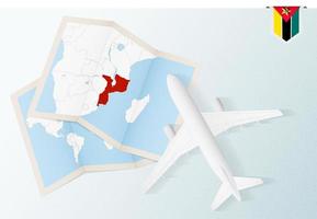viaje a mozambique, avión de vista superior con mapa y bandera de mozambique. vector