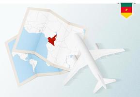 Travel to Cameroon, top view airplane with map and flag of Cameroon. vector