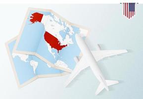 Travel to USA, top view airplane with map and flag of USA. vector