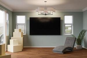 3D Illustration of Several Cardboard Moving Boxes, Chair, Plant and Blank Wall Mounted TV in Room. photo