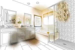 dibujo de diseño de baño principal personalizado con trazo de pincel que revela una foto terminada