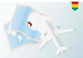 Travel to Guinea, top view airplane with map and flag of Guinea. vector