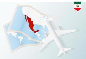 Travel to Mexico, top view airplane with map and flag of Mexico. vector