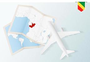 Travel to Congo, top view airplane with map and flag of Congo. vector