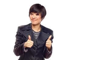 Happy Young Mixed Race Woman With Thumbs Up on White photo