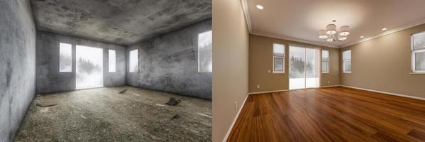 antes y después de una habitación de la casa sin terminar y recién remodelada con pisos de madera terminados, molduras, pintura y lámparas de techo. foto