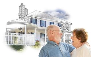 Happy Senior Couple Over House Drawing and Photo on White