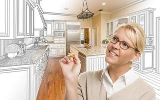 Woman With Pencil Over Custom Kitchen Drawing and Photo Combination