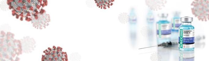 Coronavirus COVID-19 Vaccine Vial Against Molecule Background Banner. photo