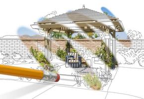 Pencil Erasing Drawing To Reveal Finished Pergola Patio Cover Design Photograph photo