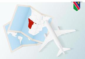 Travel to Namibia, top view airplane with map and flag of Namibia. vector