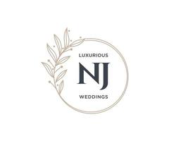 plantilla de logotipos de monograma de boda con letras iniciales de nj, plantillas minimalistas y florales modernas dibujadas a mano para tarjetas de invitación, guardar la fecha, identidad elegante. vector