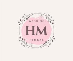 plantilla de logotipos de monograma de boda con letras iniciales hm, plantillas florales y minimalistas modernas dibujadas a mano para tarjetas de invitación, guardar la fecha, identidad elegante. vector