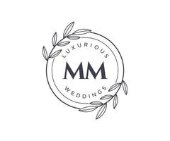Plantilla de logotipos de monograma de boda con letras iniciales mm, plantillas florales y minimalistas modernas dibujadas a mano para tarjetas de invitación, guardar la fecha, identidad elegante. vector