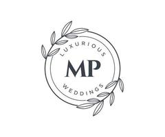 plantilla de logotipos de monograma de boda con letras iniciales de mp, plantillas florales y minimalistas modernas dibujadas a mano para tarjetas de invitación, guardar la fecha, identidad elegante. vector