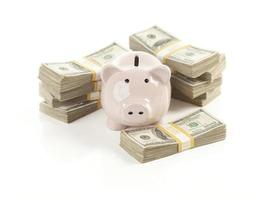 Pink Piggy Bank with Stacks of Money photo