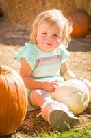 adorable niña divirtiéndose en un rancho rústico en el huerto de calabazas. foto