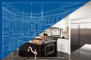 Before and After of Custom House Blueprint Drawing to Finished Construction. photo