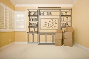 Boxes in Empty Room with Shelf Design Drawing on Wall photo
