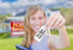 Woman Holding New House Keys with Your Home Sweet Home Card In Front of Sold Real Estate Sign and Home. photo