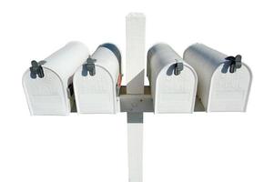 Row of White Mailboxes Isolated on a White Background photo