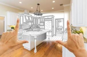 Hands Framing Custom Kitchen Design Drawing and Square Photo Combination