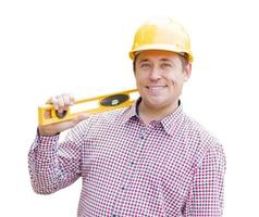 Young Male Contractor with Hard Hat and Level on White photo