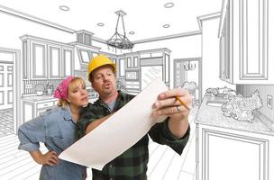Contractor Discussing Plans with Woman, Kitchen Drawing Behind photo