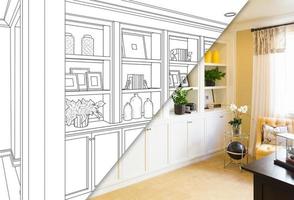 dibujo de diseño de gabinetes y estantes incorporados personalizados con sección transversal de la foto terminada