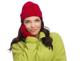 Smilng Mixed Race Woman Wearing Winter Hat and Gloves photo