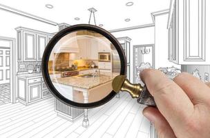 Hand Holding Magnifying Glass Revealing Custom Kitchen Design Drawing and Photo Combination