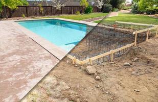 antes y después del sitio de construcción de la construcción de la piscina foto